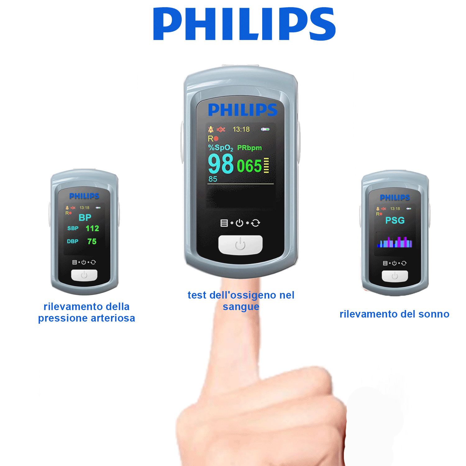 Saturimetro Philips, rilevamento del sonno, rilevamento dei lipidi nel sangue, funzione di allarme vocale (supporta l'italiano), funzione di cronometraggio