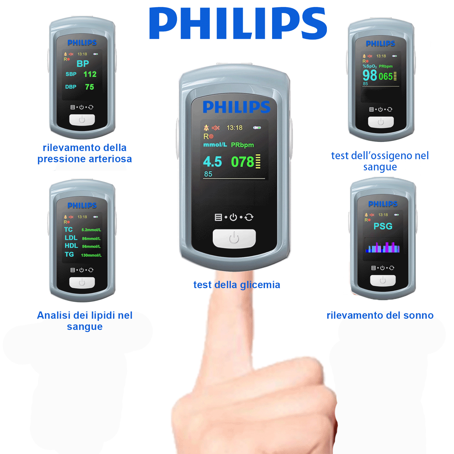 Glucometro Philips multifunzione, glicemia non invasiva (precisione 99%), rilevamento del sonno, rilevamento dei lipidi nel sangue, rilevamento della pressione arteriosa, funzione allarme vocale (compatibile italiano), funzione timing