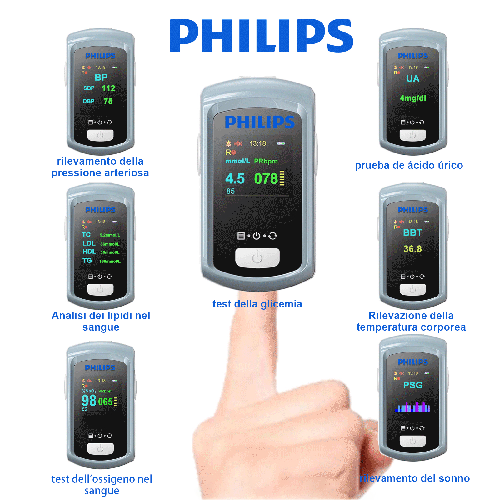 Misuratore di glicemia multifunzione Philips, glicemia non invasiva (precisione 99%), trattamento laser (ridurre la concentrazione di glucosio nel sangue, ridurre i coaguli di sangue, ridurre i lipidi nel sangue), rilevamento del sonno, rilevamento dei lipidi nel sangue, misuratore della pressione arteriosa, funzione di allarme vocale (supporta italiano), funzione di cronometraggio