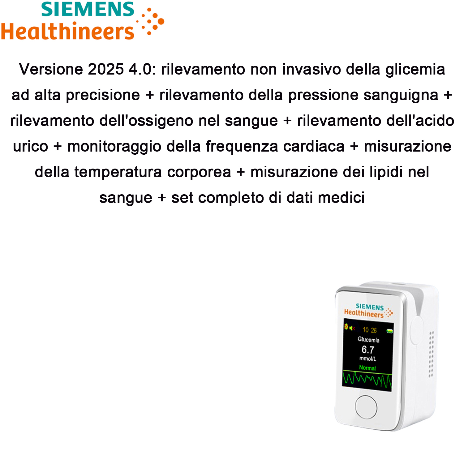 Versione 2025 4.0: rilevamento non invasivo della glicemia ad alta precisione + rilevamento della pressione sanguigna + rilevamento dell'ossigeno nel sangue + rilevamento dell'acido urico + monitoraggio della frequenza cardiaca + misurazione della temperatura corporea + misurazione dei lipidi nel sangue + set completo di dati medici